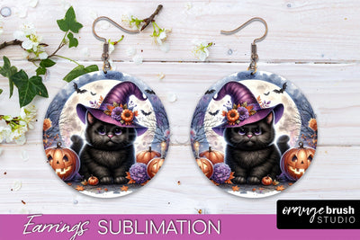 Halloween Cat Earrings - Cute Halloween Sublimation Earring Sublimation OrangeBrushStudio 