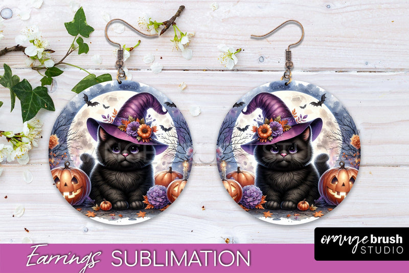 Halloween Cat Earrings - Cute Halloween Sublimation Earring Sublimation OrangeBrushStudio 