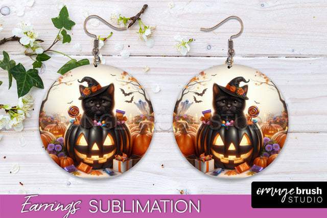 Halloween Cat Earrings - Cute Halloween Sublimation Earring Sublimation OrangeBrushStudio 