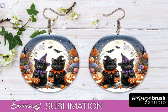 Halloween Cat Earrings - Cute Halloween Sublimation Earring Sublimation OrangeBrushStudio 