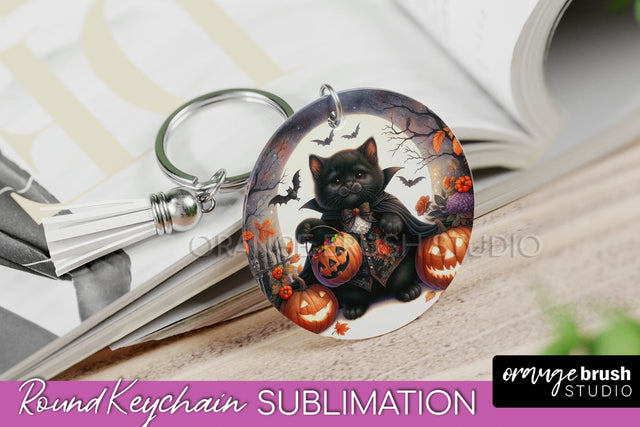 Halloween Cat Keychain - Cute Halloween Sublimation Keychain Sublimation OrangeBrushStudio 