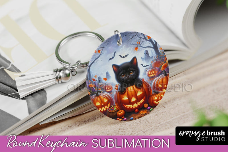 Halloween Cat Keychain - Cute Halloween Sublimation Keychain Sublimation OrangeBrushStudio 