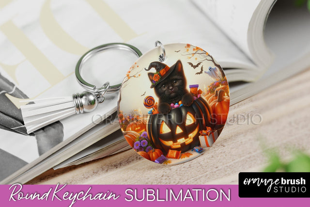 Halloween Cat Keychain - Cute Halloween Sublimation Keychain Sublimation OrangeBrushStudio 