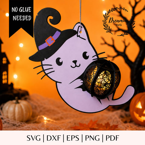 Halloween Cat Lantern SVG - 3D Kitten Paper Cut Lightbox Template - Black Cat Lantern DIY for Cricut & Silhouette - Spooky Cat Decor SVG DreamingSVG 
