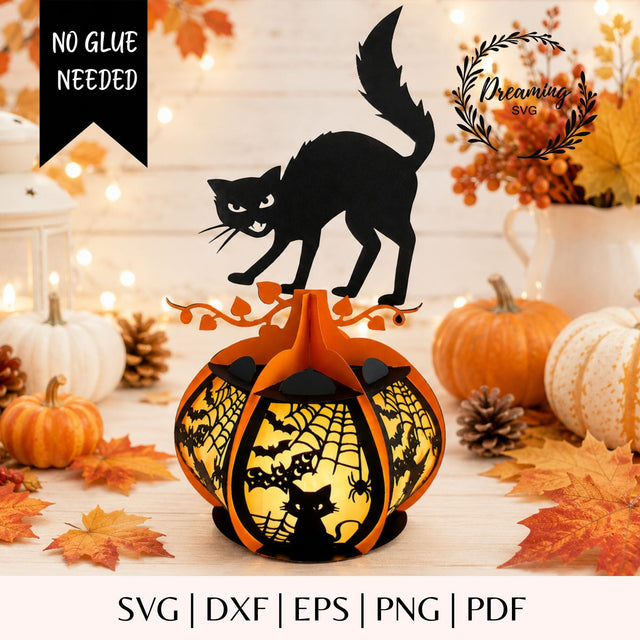 Halloween Cat Lantern SVG - Scary Black Cat Lantern Template - DIY Halloween Paper Lantern for Halloween Decoration SVG DreamingSVG 