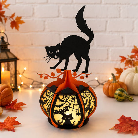 Halloween Cat Lantern SVG - Scary Black Cat Lantern Template - DIY Halloween Paper Lantern for Halloween Decoration SVG DreamingSVG 
