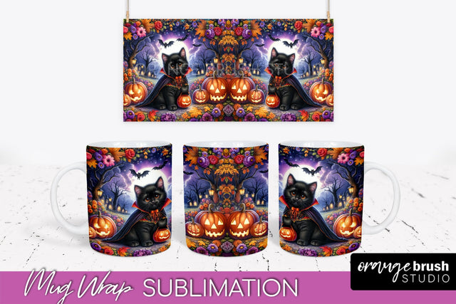 Halloween Cat Mug Wrap - Cute Halloween Mug Sublimation Sublimation OrangeBrushStudio 
