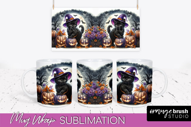 Halloween Cat Mug Wrap - Cute Halloween Mug Sublimation Sublimation OrangeBrushStudio 
