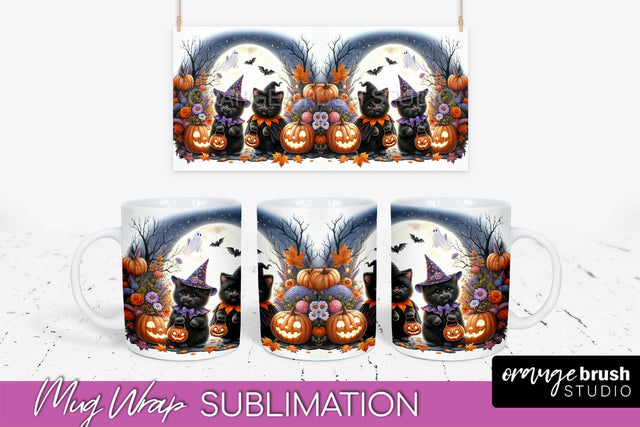 Halloween Cat Mug Wrap - Cute Halloween Mug Sublimation Sublimation OrangeBrushStudio 