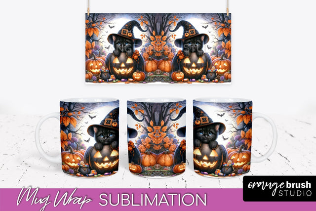 Halloween Cat Mug Wrap - Cute Halloween Mug Sublimation Sublimation OrangeBrushStudio 