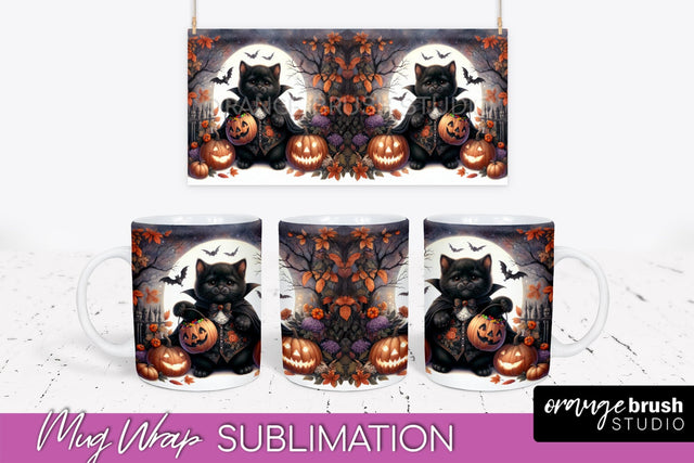 Halloween Cat Mug Wrap - Cute Halloween Mug Sublimation Sublimation OrangeBrushStudio 