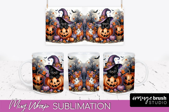 Halloween Cat Mug Wrap - Cute Halloween Mug Sublimation Sublimation OrangeBrushStudio 