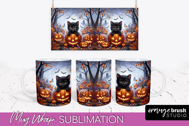 Halloween Cat Mug Wrap - Cute Halloween Mug Sublimation Sublimation OrangeBrushStudio 