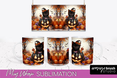Halloween Cat Mug Wrap - Cute Halloween Mug Sublimation Sublimation OrangeBrushStudio 