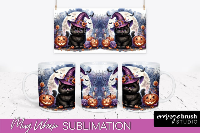 Halloween Cat Mug Wrap - Cute Halloween Mug Sublimation Sublimation OrangeBrushStudio 