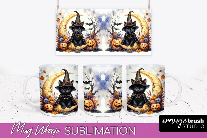 Halloween Cat Mug Wrap - Cute Halloween Mug Sublimation Sublimation OrangeBrushStudio 