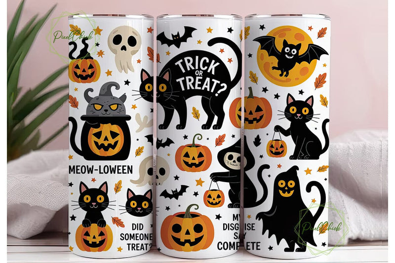 Halloween Cat Tumbler Wrap PNG Sublimation PixelChick 