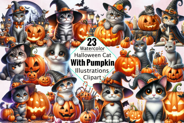 Halloween Cat with Pumpkin Sublimation Clipart Bundle Sublimation SVGArt 