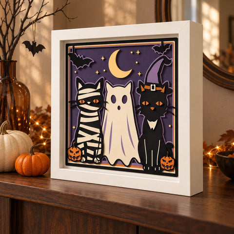 Halloween Cats 3D Shadow Box SVG, Mummy Ghost Witch Cat Layered Paper Cut, Spooky Cricut Silhouette Laser Cut Svg Dxf Png Eps SVG HappyDesignStudio 