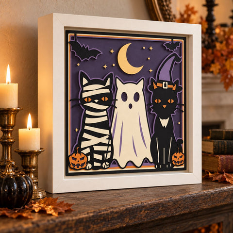 Halloween Cats 3D Shadow Box SVG, Mummy Ghost Witch Cat Layered Paper Cut, Spooky Cricut Silhouette Laser Cut Svg Dxf Png Eps SVG HappyDesignStudio 
