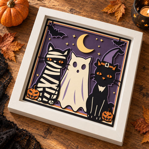 Halloween Cats 3D Shadow Box SVG, Mummy Ghost Witch Cat Layered Paper Cut, Spooky Cricut Silhouette Laser Cut Svg Dxf Png Eps SVG HappyDesignStudio 