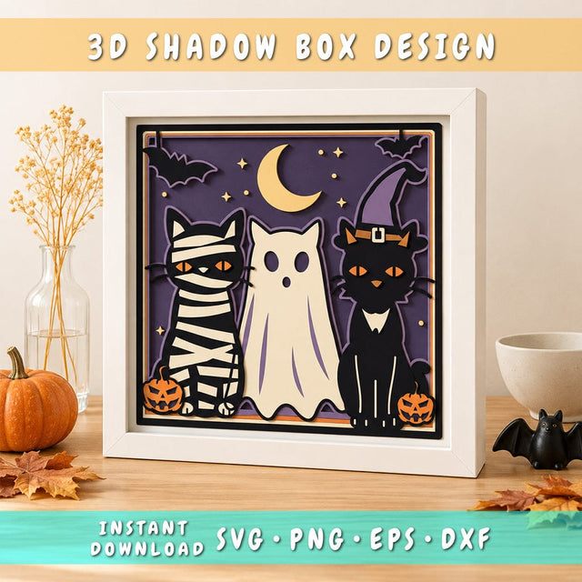 Halloween Cats 3D Shadow Box SVG, Mummy Ghost Witch Cat Layered Paper Cut, Spooky Cricut Silhouette Laser Cut Svg Dxf Png Eps SVG HappyDesignStudio 