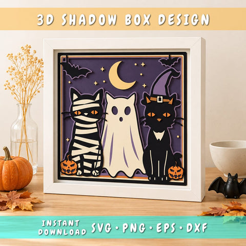 Halloween Cats 3D Shadow Box SVG, Mummy Ghost Witch Cat Layered Paper Cut, Spooky Cricut Silhouette Laser Cut Svg Dxf Png Eps SVG HappyDesignStudio 