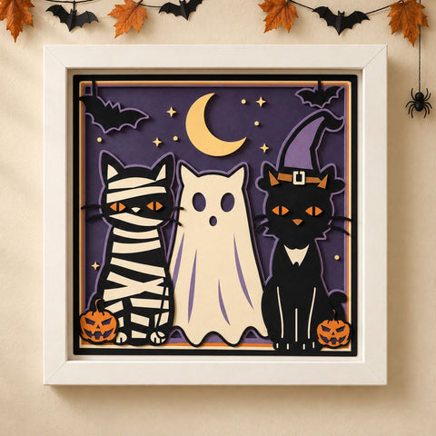 Halloween Cats 3D Shadow Box SVG, Mummy Ghost Witch Cat Layered Paper Cut, Spooky Cricut Silhouette Laser Cut Svg Dxf Png Eps SVG HappyDesignStudio 