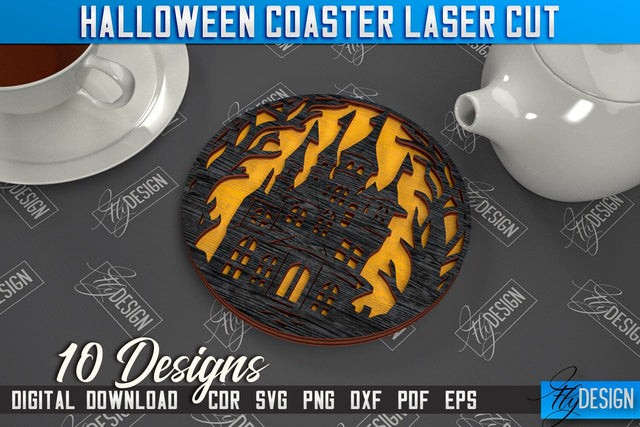 Halloween Coaster | Cup Coasters Template | Halloween Party | Haunted House | CNC File SVG Fly Design 
