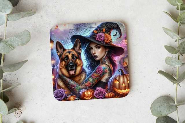 Halloween Coaster, Witch & Her Dog Square Coaster PNG Sublimation BijouBay 