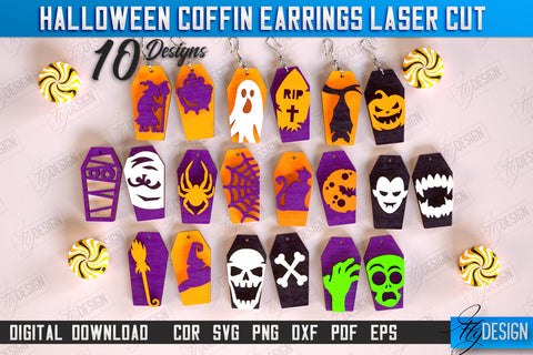 Halloween Coffin Earrings Laser Cut Bundle, Witch Earrings, Skeleton Dangle Earrings, Wooden Spooky Jewelry SVG, Engraved Scary Halloween Jewelry, Gothic Earrings SVG Fly Design 