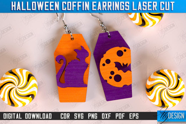 Halloween Coffin Earrings Laser Cut, Witch Earrings, Skeleton Dangle Earrings, Wooden Spooky Jewelry SVG, Engraved Scary Halloween Jewelry, Gothic Earrings SVG Fly Design 