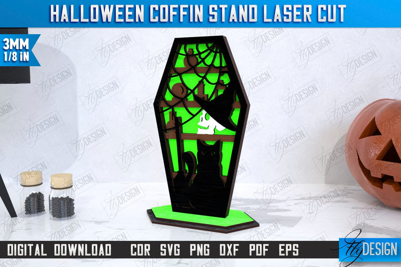 Halloween Coffin Stand Laser Cut | Halloween Decorations | CNC File SVG Fly Design 