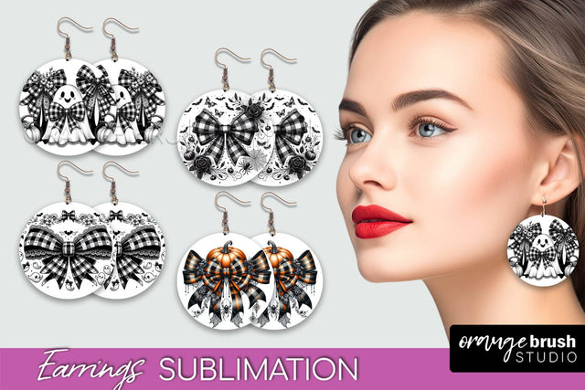 Halloween Coquette Bow Round Earrings Sublimation Sublimation OrangeBrushStudio 