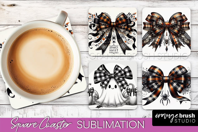 Halloween Coquette Bow Square Coaster Sublimation Sublimation OrangeBrushStudio 