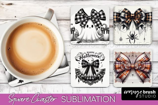 Halloween Coquette Bow Square Coaster Sublimation Sublimation OrangeBrushStudio 