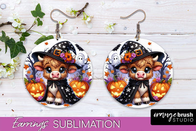 Halloween Cow Earrings - Cute Highland Cow Earring Sublimation OrangeBrushStudio 