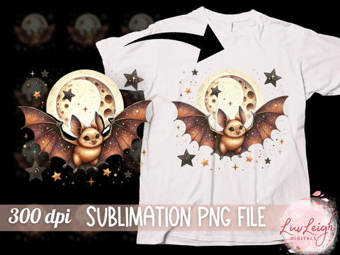 Halloween Cute Bat with Moon and Stars PNG Sublimation Luvleigh Digitals 