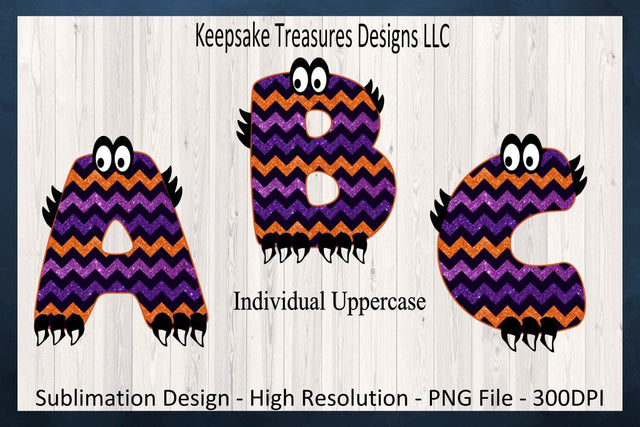 Halloween Cute Monster Alphabet, Glitter Chevron, Sublimation Png, Zigzag Alpha Design, Sublimation Keepsake Treasures Designs LLC. 