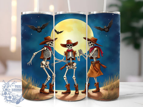Halloween Dancing Skeletons 20oz Skinny Tumbler PNG, Cowboy Skeletons Tumbler Sublimation Wrap, Straight & Tapered Tumbler Wrap, Instant Digital Download Sublimation ToriDesigns 
