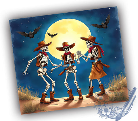 Halloween Dancing Skeletons 20oz Skinny Tumbler PNG, Cowboy Skeletons Tumbler Sublimation Wrap, Straight & Tapered Tumbler Wrap, Instant Digital Download Sublimation ToriDesigns 