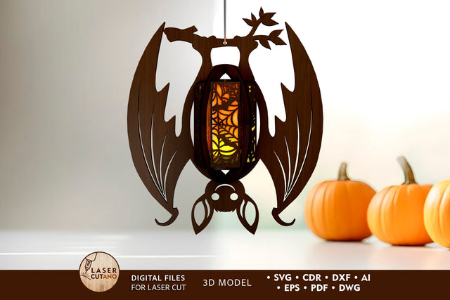 Halloween Deocrative Bat Lantern, Laser Cut Candleholder Template SVG LaserCutano 