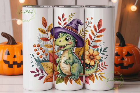 Halloween Dino Tumbler Wrap PNG Sublimation PixelChick 