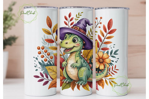 Halloween Dino Tumbler Wrap PNG Sublimation PixelChick 