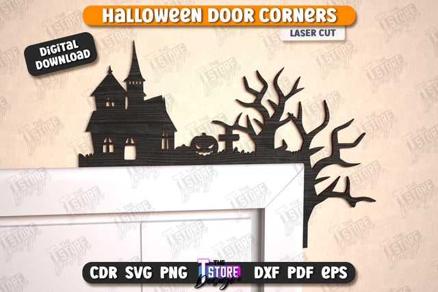 Halloween Door Corner Laser Cut Design, Spooky Door Topper SVG, Wooden Trim Corner, Halloween Decor SVG, Halloween Corner Door Trim SVG The T Store Design 