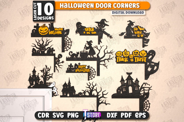 Halloween Door Corners Laser Cut Bundle, Spooky Door Topper SVG, Wooden Trim Corner, Halloween Decor SVG, Halloween Corner Door Trim SVG The T Store Design 
