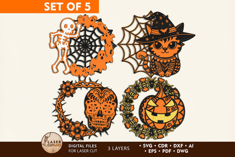 Halloween Door Hanger Bundle Laser Cut File, Wood Cut and Paper Cut Templates SVG LaserCutano 