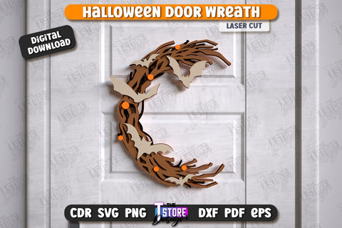 Halloween Door Wreath Laser Cut Bundle, Happy Halloween Sign SVG, Spooky Home Decor, Wooden Wall Hanger, Haunted House SVG, Halloween Door Hanger SVG SVG The T Store Design 
