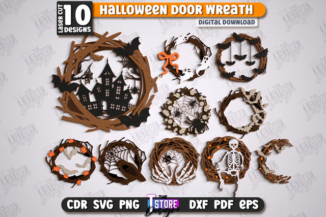Halloween Door Wreath Laser Cut Bundle, Happy Halloween Sign SVG, Spooky Home Decor, Wooden Wall Hanger, Haunted House SVG, Halloween Door Hanger SVG SVG The T Store Design 