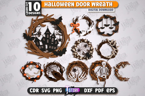 Halloween Door Wreath Laser Cut Bundle, Happy Halloween Sign SVG, Spooky Home Decor, Wooden Wall Hanger, Haunted House SVG, Halloween Door Hanger SVG SVG The T Store Design 